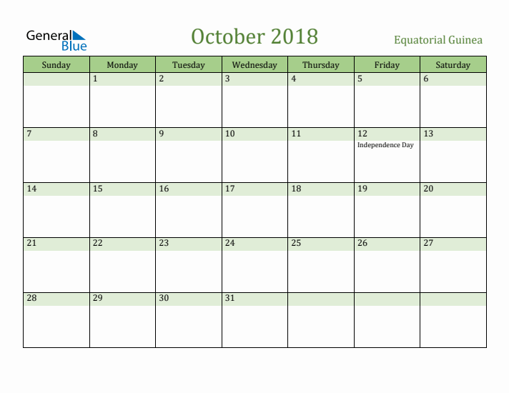 October 2018 Calendar with Equatorial Guinea Holidays