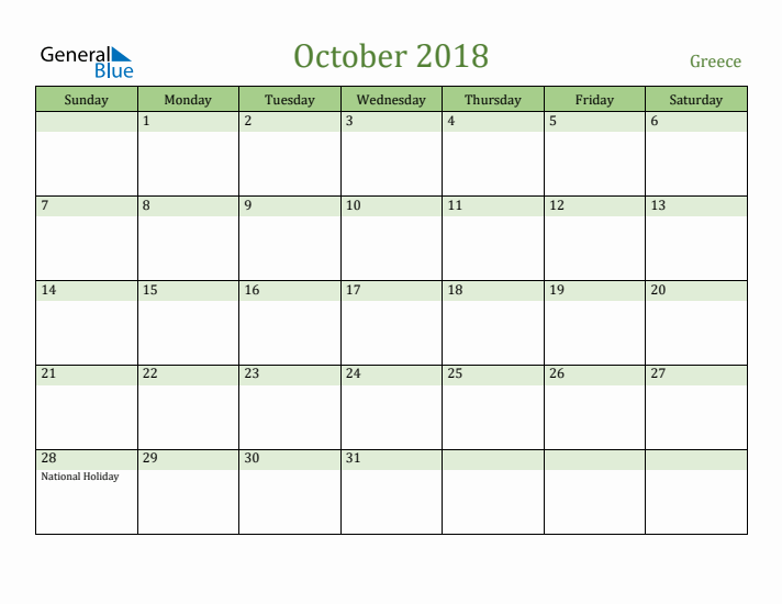 October 2018 Calendar with Greece Holidays