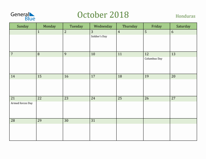 October 2018 Calendar with Honduras Holidays