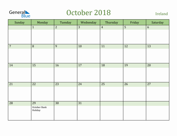 October 2018 Calendar with Ireland Holidays