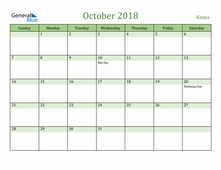 October 2018 Calendar with Kenya Holidays