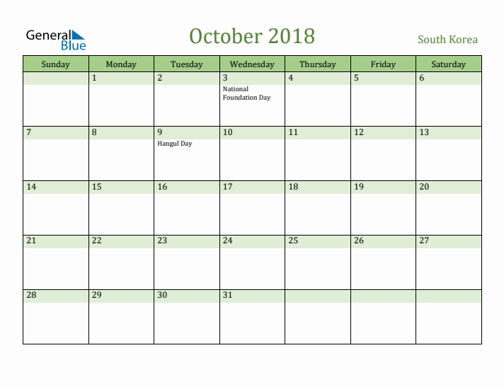 October 2018 Calendar with South Korea Holidays