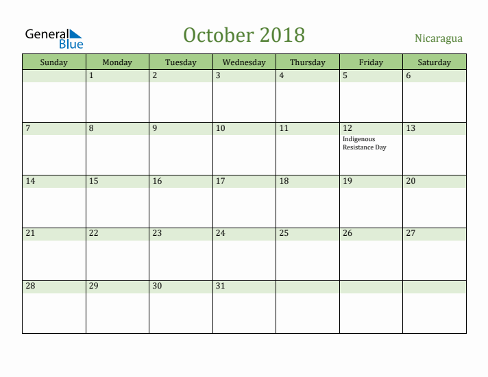 October 2018 Calendar with Nicaragua Holidays