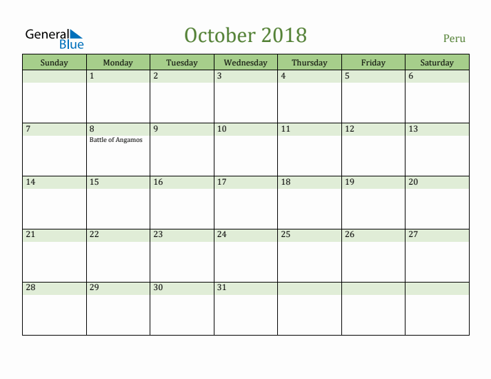 October 2018 Calendar with Peru Holidays