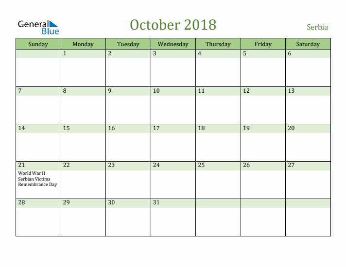 October 2018 Calendar with Serbia Holidays