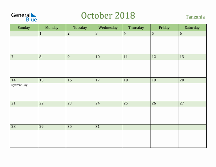 October 2018 Calendar with Tanzania Holidays