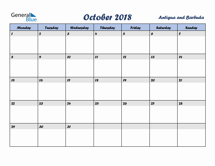 October 2018 Calendar with Holidays in Antigua and Barbuda