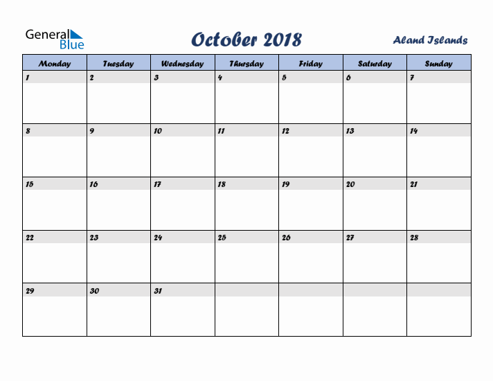 October 2018 Calendar with Holidays in Aland Islands