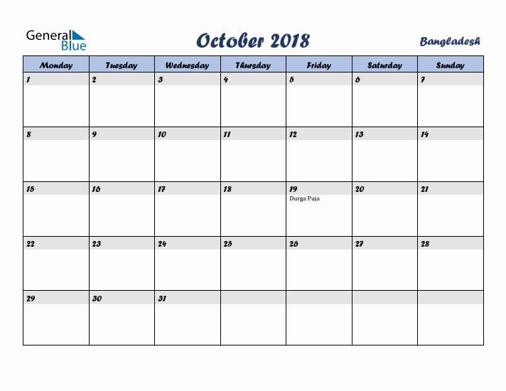 October 2018 Calendar with Holidays in Bangladesh