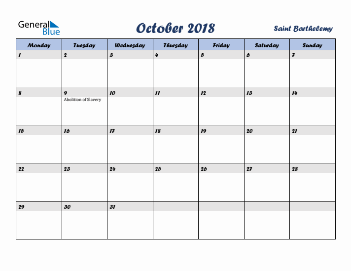 October 2018 Calendar with Holidays in Saint Barthelemy