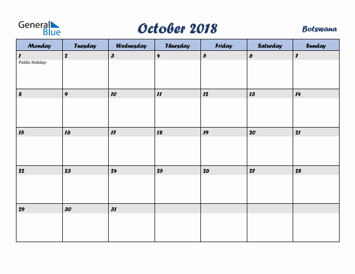 October 2018 Calendar with Holidays in Botswana