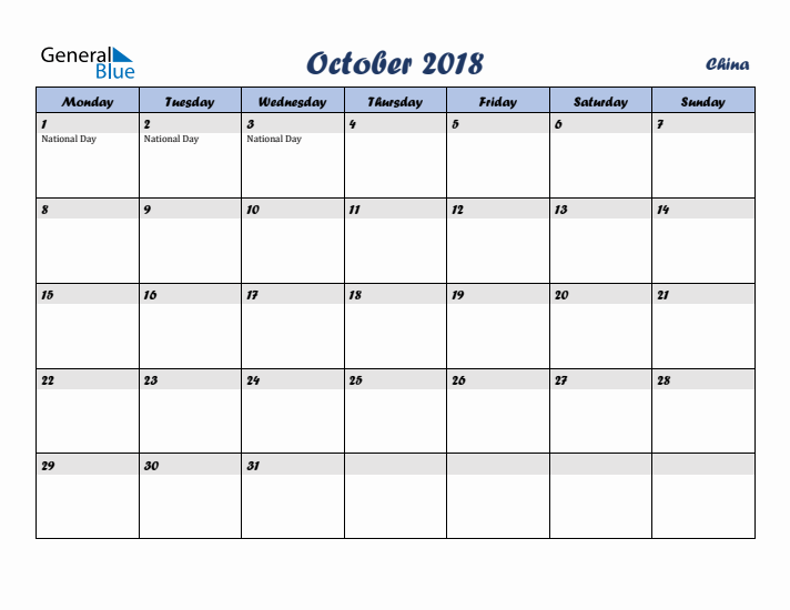 October 2018 Calendar with Holidays in China