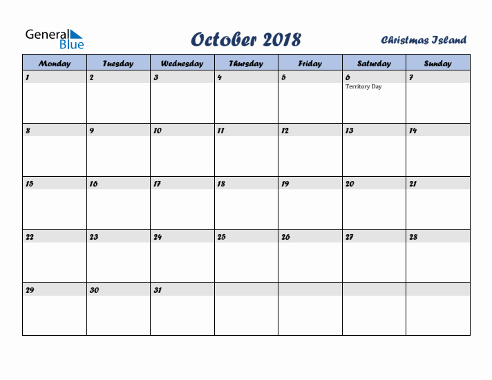 October 2018 Calendar with Holidays in Christmas Island