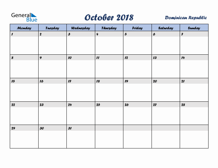 October 2018 Calendar with Holidays in Dominican Republic