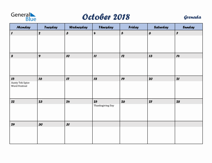 October 2018 Calendar with Holidays in Grenada