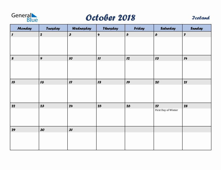 October 2018 Calendar with Holidays in Iceland