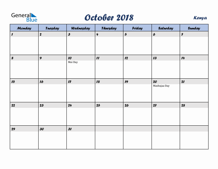 October 2018 Calendar with Holidays in Kenya