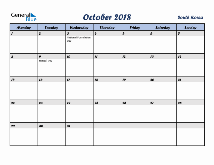 October 2018 Calendar with Holidays in South Korea