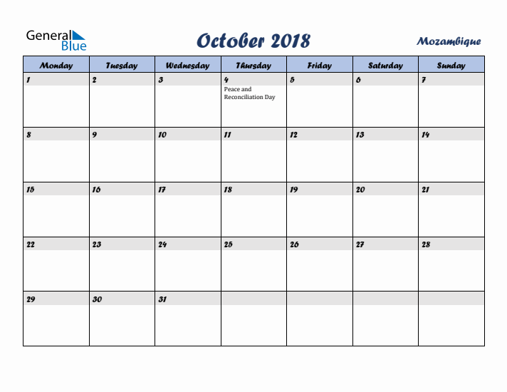 October 2018 Calendar with Holidays in Mozambique