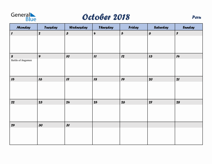 October 2018 Calendar with Holidays in Peru