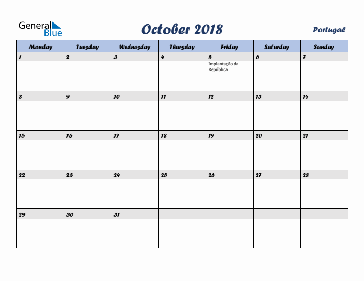 October 2018 Calendar with Holidays in Portugal