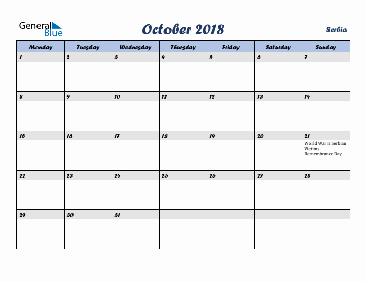 October 2018 Calendar with Holidays in Serbia