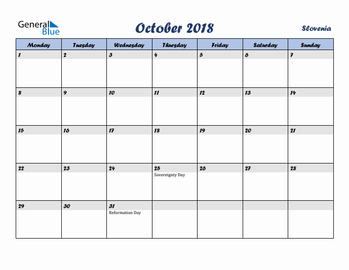 October 2018 Calendar with Holidays in Slovenia