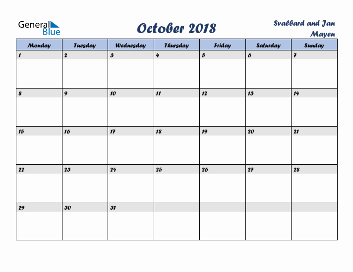 October 2018 Calendar with Holidays in Svalbard and Jan Mayen