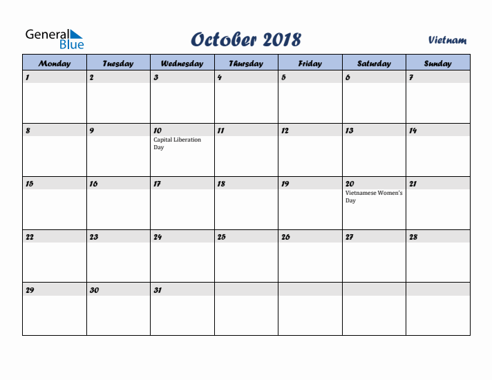 October 2018 Calendar with Holidays in Vietnam