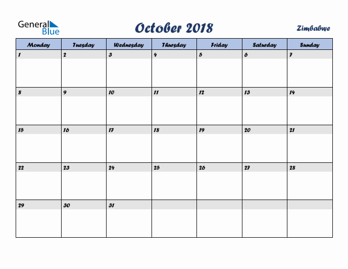 October 2018 Calendar with Holidays in Zimbabwe