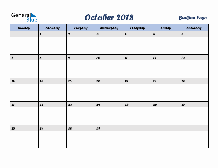 October 2018 Calendar with Holidays in Burkina Faso