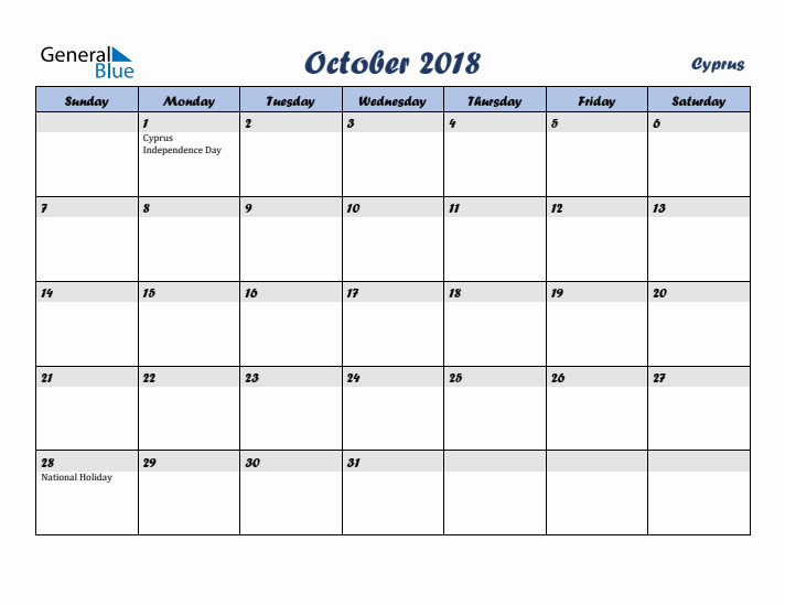 October 2018 Calendar with Holidays in Cyprus