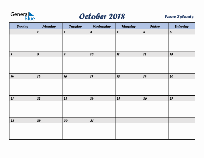 October 2018 Calendar with Holidays in Faroe Islands