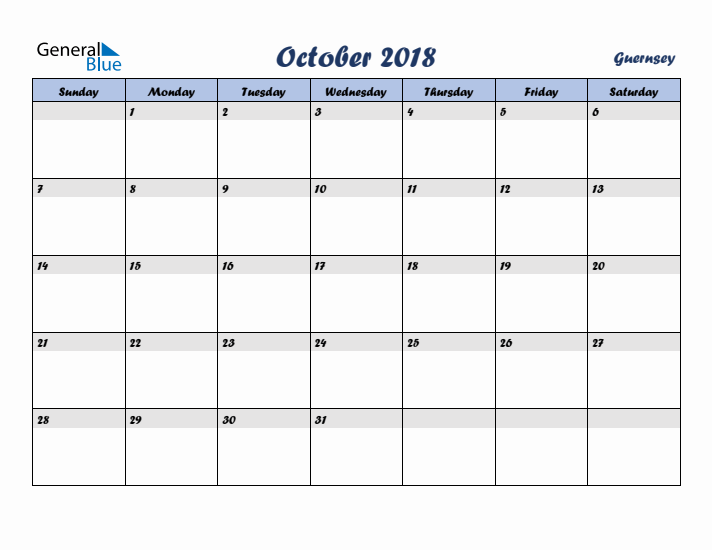 October 2018 Calendar with Holidays in Guernsey