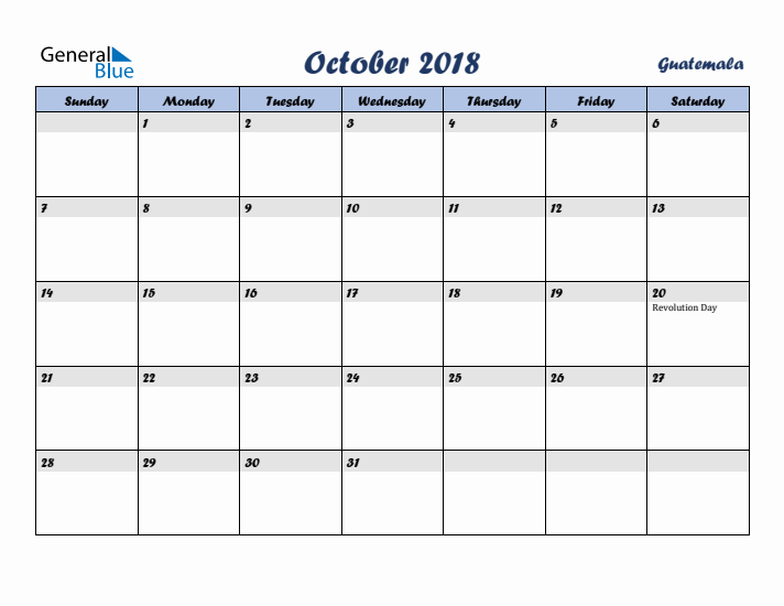 October 2018 Calendar with Holidays in Guatemala