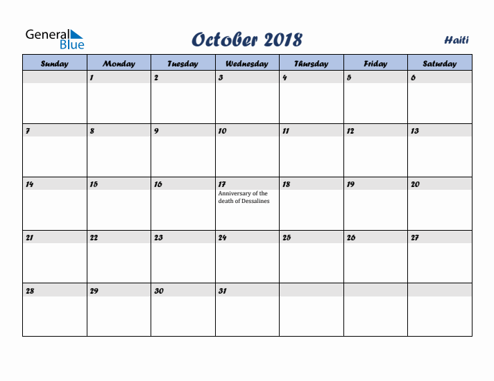 October 2018 Calendar with Holidays in Haiti