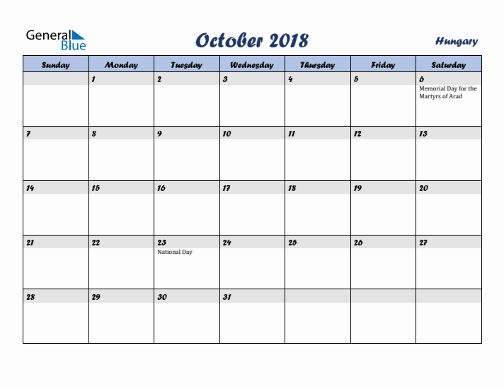 October 2018 Calendar with Holidays in Hungary