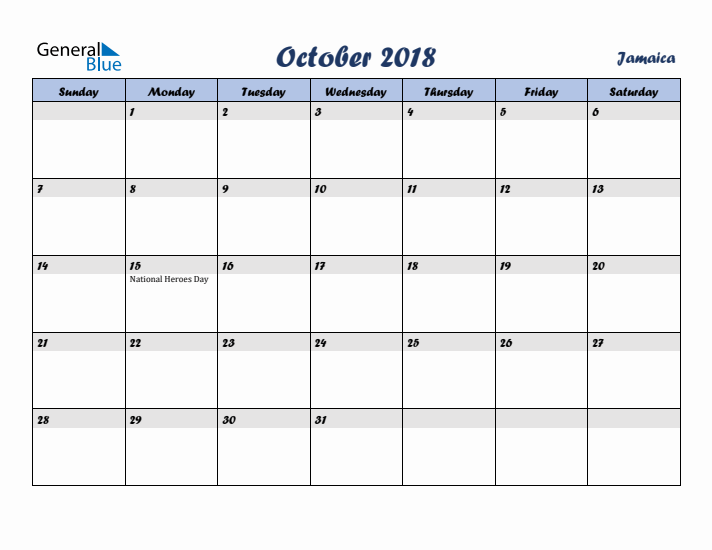 October 2018 Calendar with Holidays in Jamaica