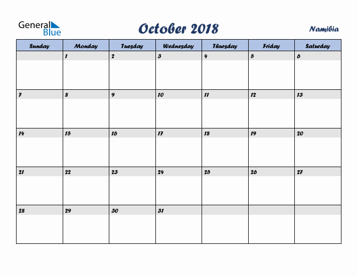 October 2018 Calendar with Holidays in Namibia