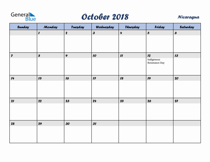 October 2018 Calendar with Holidays in Nicaragua