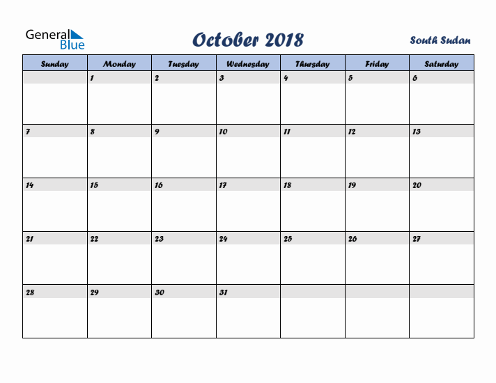 October 2018 Calendar with Holidays in South Sudan