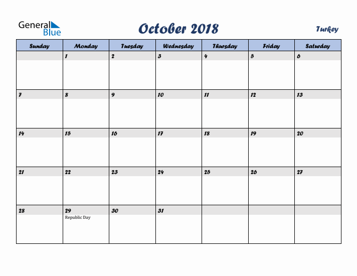 October 2018 Calendar with Holidays in Turkey