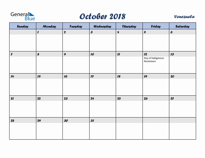 October 2018 Calendar with Holidays in Venezuela