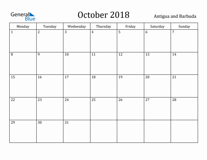 October 2018 Calendar Antigua and Barbuda