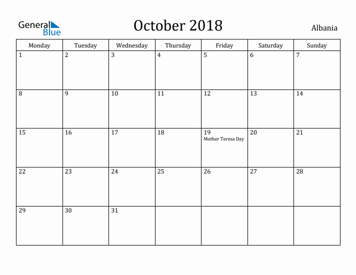 October 2018 Calendar Albania