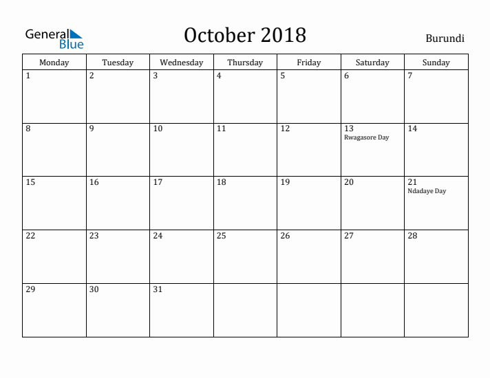 October 2018 Calendar Burundi