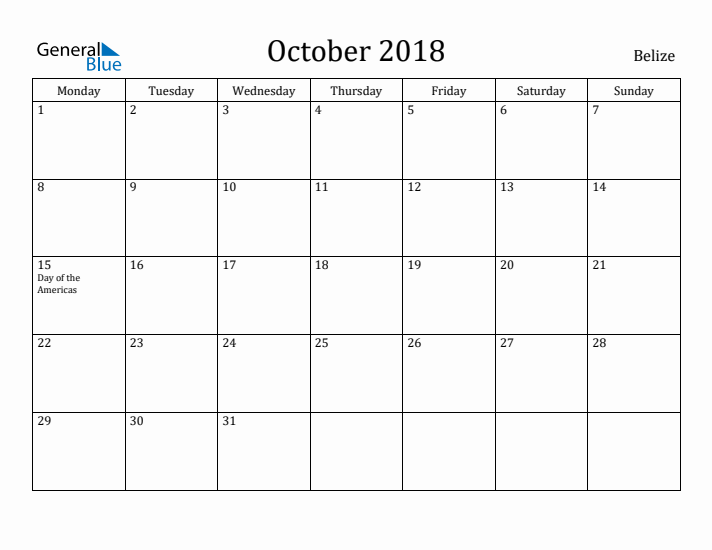 October 2018 Calendar Belize