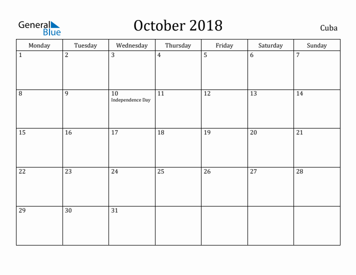 October 2018 Calendar Cuba