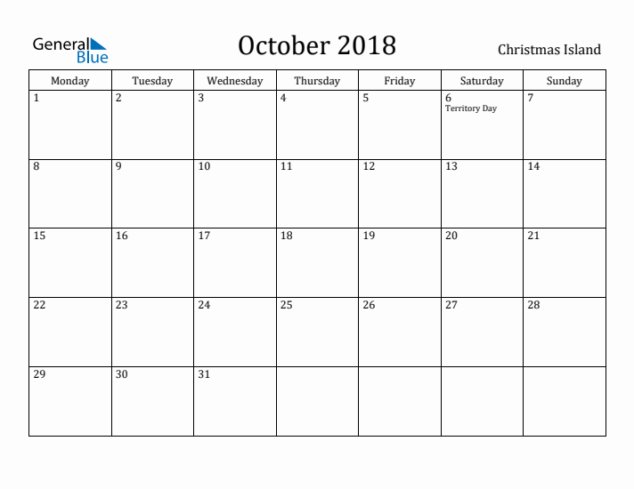 October 2018 Calendar Christmas Island