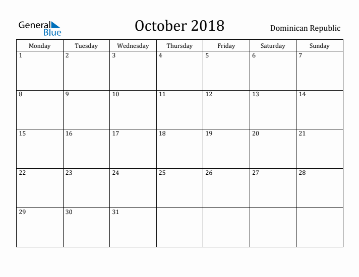 October 2018 Calendar Dominican Republic